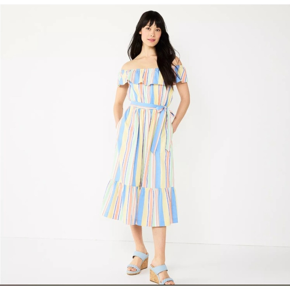 Draper James Striped Off Shoulder Ruffle Midi Dress Multi Color Cotton Small